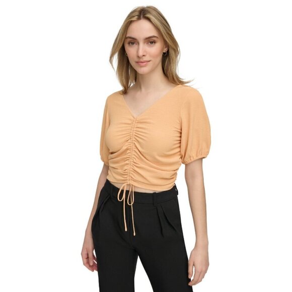 Calvin Klein Women's XL Drawstring-Ruched Light Orange Puffed-Sleeve Top NWT - Picture 2 of 7